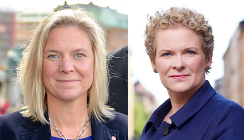Sveriges finansminister Magdalena Andersson (s) o Stockholms oppositionsborgarråd Karin Wanngård (s) talar på Norra Bantorget.